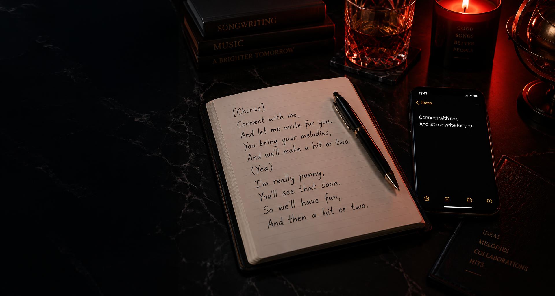 Open notepad of handwritten lyrics beside a pen and a phone